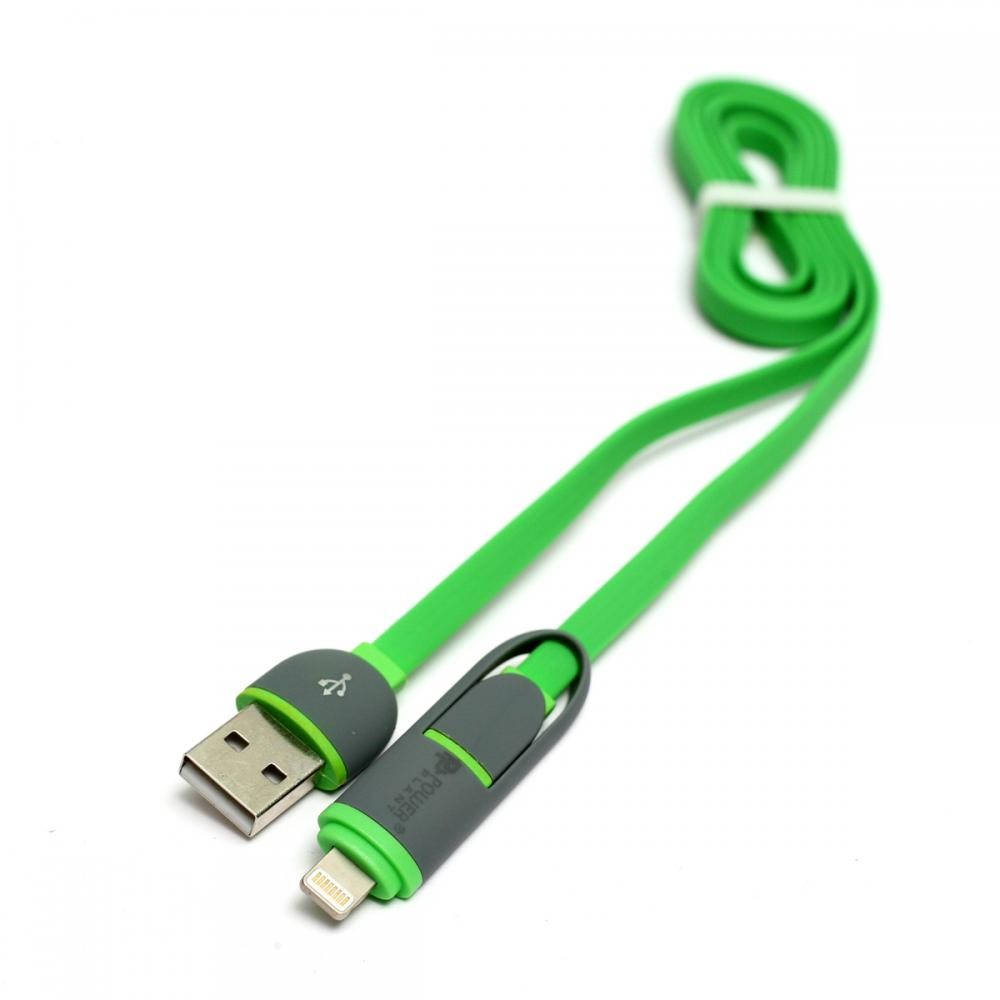 Кабель Lightning/Micro USB PowerPlant Quick Charge 2A 2-в-1 flat USB 2.0 AM Lightning/Micro 1м (KD00AS1291)